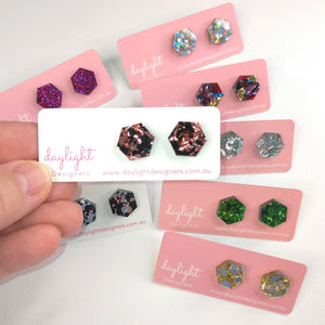 GLITTER BOMB HEXAGON STUDS  - 6 COLOURS AVAILABLE