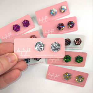 GLITTER BOMB HEXAGON STUDS  - 6 COLOURS AVAILABLE